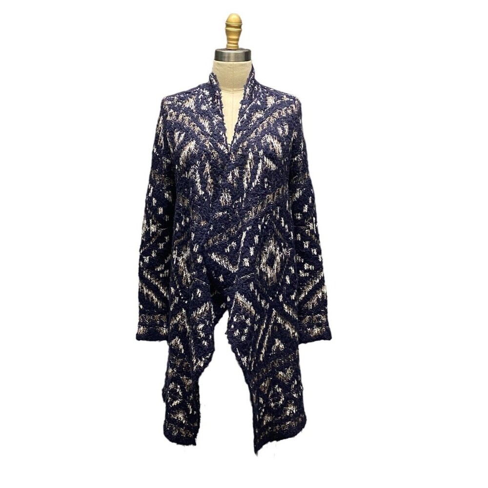Lucky Brand XS Cardigan Sweater Navy Cream Aztec Open Drape Front Long Sleeve